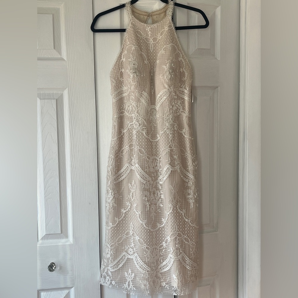 Wedding dress beaded ivory lace, short w/ halter top wedding sz 8 or normal sz 6